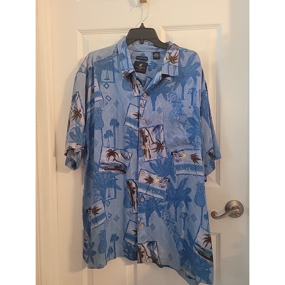 Caribbean Joe Hawaiian Shirt Mens XXL Blue 100% Washabl Silk Postcard Camp Aloha